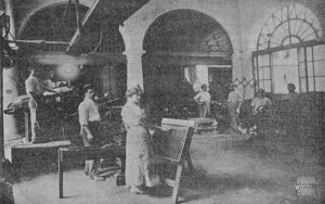 Taller de maquinaria de cigarrillos de la fábrica de tabacos Flor de Tomás Gutiérrez (Ca. 1918)