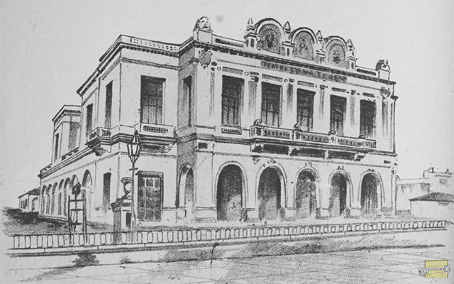 Vista del edificio y fachada del Teatro Tomás Terry en 1890.