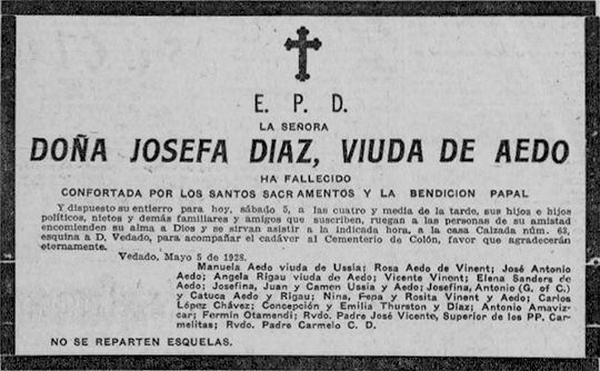 Esquela fúnebre de doña Josefa Díaz viuda de Aedo (Mayo 1928).