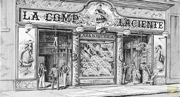 Vista de la fachada de La Complaciente en la Habana. Tienda y abaniquería de Manuel Carranza (Ca. 1894).