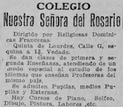 Publicidad del Colegio Nuestra Señora del Rosario dirigido por Dominicas Francesas (Ca. 1915)