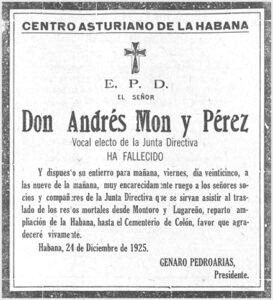 Esquela fúnebre de Andrés Mon y Pérez fallecido en 1925 (Q.E.P.D.).