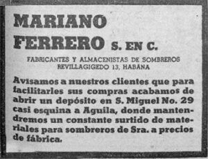 Mariano Ferrero S. en C. anuncio de apertura de un depósito en San Miguel 29 (Ca. 1937).