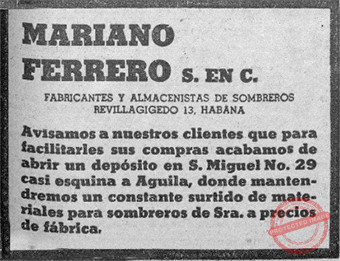Mariano Ferrero S. en C. anuncio de apertura de un depósito en San Miguel 29 (Ca. 1937).