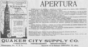 Anuncio de la apertura de una sucursal de la Quaker City Supply Co. en la Habana (Ca. 1918).