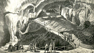 Vista del Salón Gótico de la Cueva de Bellamar desde una ilustración publicada en 1885.