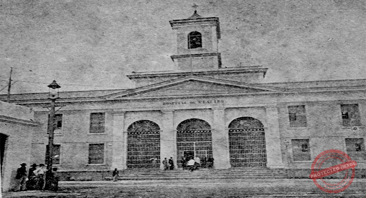 Hospital de San Lázaro en la Habana. Vista de la fachada y campanario (Ca. 1900).