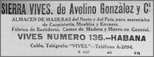 Publicidad de Sierra Vives Almacén de maderas de Avelino González y Compañía en 1912.