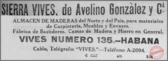 Publicidad de Sierra Vives Almacén de maderas de Avelino González y Compañía en 1912.