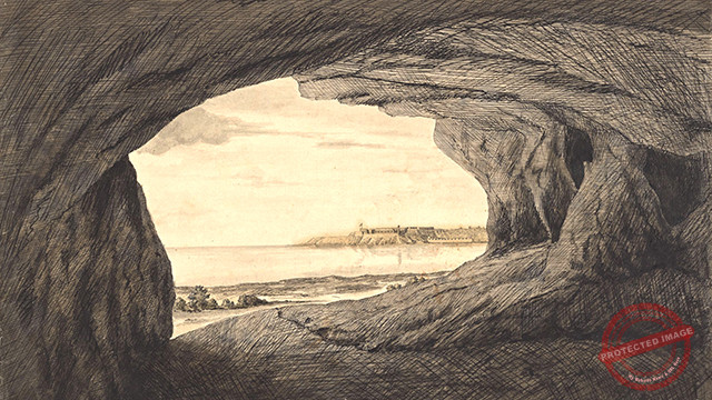 Vista del Castillo del Morro desde la Cueva de Taganana. Boceto del oficial británico Archibald Robertson en 1762.