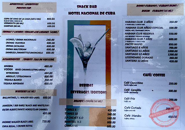 Carta y precios del Snack Bar del Hotel Nacional de Cuba inscritos en pesos (Julio 2024).