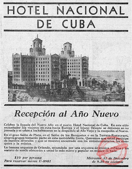 Publicidad para la fiesta de Año Nuevo el 31 de diciembre 1930 en el Hotel Nacional de Cuba.