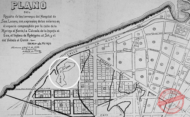 Plano donde se aprecia el emplazamiento de la Batería de Santa Clara en 1899.