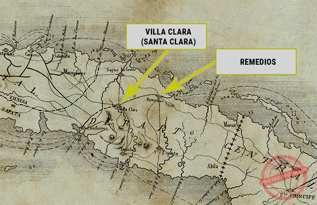Localización de las ciudades de Santa Clara (Villa Clara) y Remedios en Cuba.