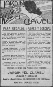 Publicidad del Jardín El Clavel propiedad de Armand y Hermano (Ca. 1926).