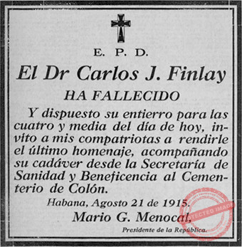 Esquela fúnebre del doctor Carlos Juan Finlay fallecido el 20 de agosto de 1915 (Q.E.P.D).