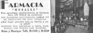 Publicidad de la Farmacia Morales en 1929.