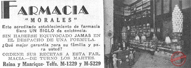 Publicidad de la Farmacia Morales en 1929.