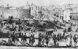 Reproducción de un dibujo de la época (año 1860) donde aparece la Puerta de Monserrate, que tenía una salida hacia extramuros, por lo que es hoy calle de O'Reilly y la entrada por lo que es ahora calle del Obispo.