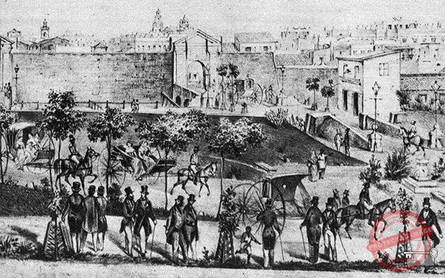 Reproducción de un dibujo de la época (año 1860) donde aparece la Puerta de Monserrate, que tenía una salida hacia extramuros, por lo que es hoy calle de O'Reilly y la entrada por lo que es ahora calle del Obispo. 