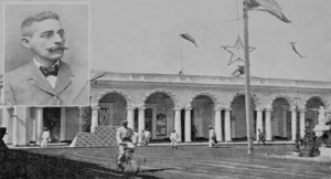 Edificio del Ayuntamiento de Cienfuegos decorado para las fiestas del 20 de mayo 1904 y el Alcalde Faustino García Vieta.