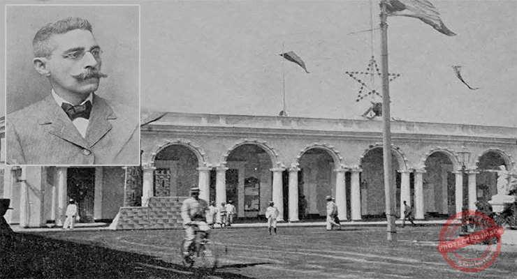 Edificio del Ayuntamiento de Cienfuegos decorado para las fiestas del 20 de mayo 1904 y el Alcalde Faustino García Vieta.