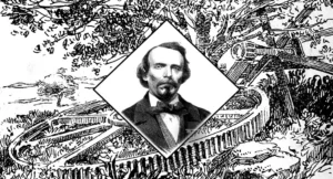 Carlos Manuel de Céspedes y las ruinas del demolido ingenio La Demajagua donde se alzara en armas el 10 de octubre 1868.
