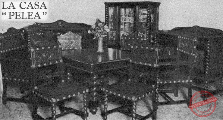 Casa Pelea en Galiano 136, Habana. Lujoso juego de comedor estilo Español en exhibición en sus salones (Ca. 1929).