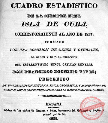 Portada interior del Cuadro Estadístico de Francisco Dionisio Vives, 1827.
