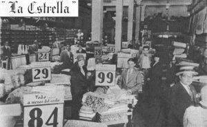 Interior del establecimiento de tejidos, sedería y confecciones La Estrella (Ca. 1929).