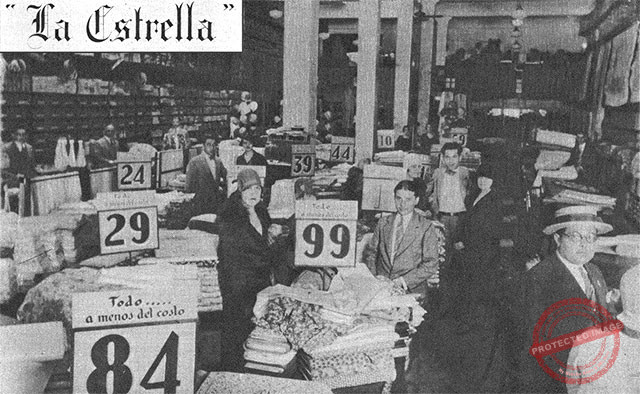 Interior del establecimiento de tejidos, sedería y confecciones La Estrella (Ca. 1929).