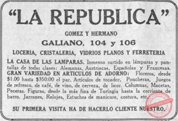 Publicidad de La República de Gómez y Hermano en 1923.