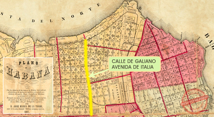 Localización de la Calle de Galiano renombrada Avenida de Italia en la Habana. Extracto del Plano de José María de la Torre, 1867.