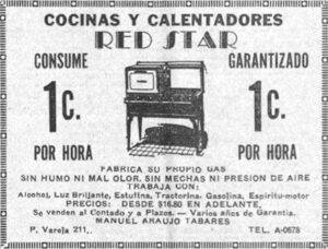 Publicidad de las cocinas Red Star vendidas por Manuel Araujo Tabares en Cuba (Ca. 1930).