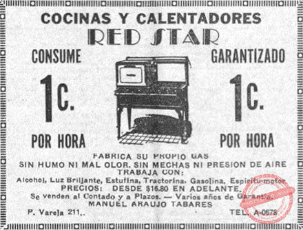 Publicidad de las cocinas Red Star vendidas por Manuel Araujo Tabares en Cuba (Ca. 1930).