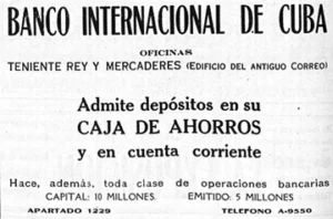 Publicidad del Banco Internacional de Cuba en 1918.