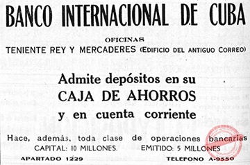 Publicidad del Banco Internacional de Cuba en 1918.