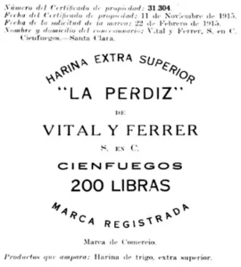 Harina La Perdiz marca de comercio de Vital y Ferrer S. en C. (Ca. 1915).