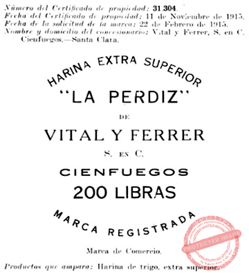 Harina La Perdiz marca de comercio de Vital y Ferrer S. en C. (Ca. 1915).