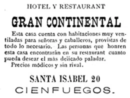 Publicidad del Hotel Gran Continental de Cienfuegos en 1900.