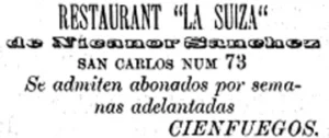Publicidad del Restaurante La Suiza en Cienfuegos (Ca. 1900).