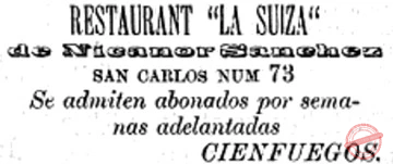 Publicidad del Restaurante La Suiza en Cienfuegos (Ca. 1900).