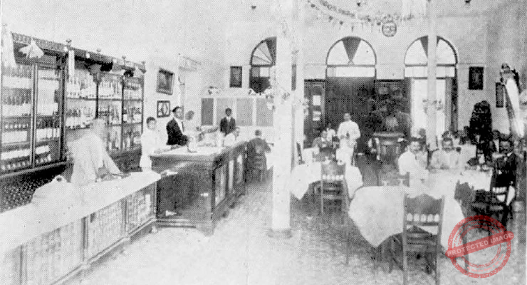 Aspecto interior del restaurante del hotel La Suiza en Cienfuegos (Ca. 1919).