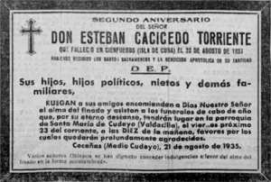 Esquela mortuoria. Esteban Cacicedo Torriente.