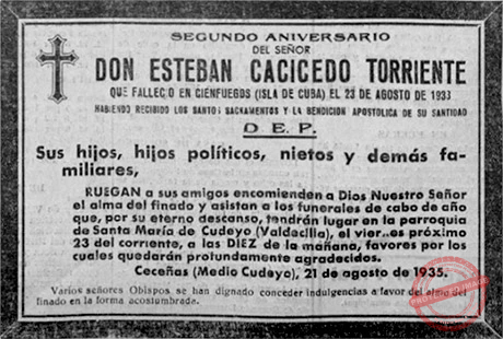 Esquela mortuoria. Esteban Cacicedo Torriente.