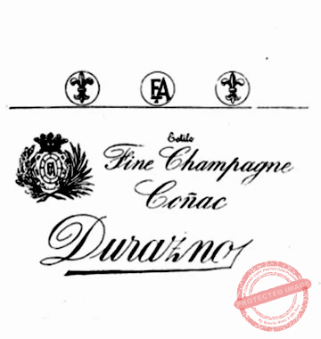 Eudoro Alba. Marca de fábrica del Coñac Durazno (Ca. 1925).