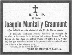 Esquela fúnebre de Joaquín Muntal y Graumunt fallecido el 31 de marzo 1934 (Q.E.P.D.).