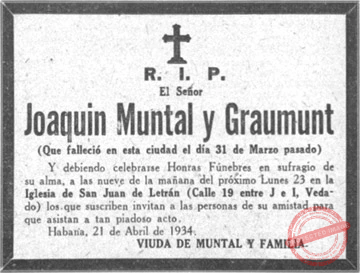 Esquela fúnebre de Joaquín Muntal y Graumunt fallecido el 31 de marzo 1934 (Q.E.P.D.).