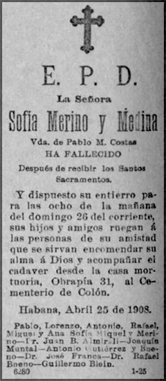 Esquela fúnebre de Sofía Merino y Medina viuda de Pablo M. Costas fallecida en 1908 (Q.E.P.D.).
