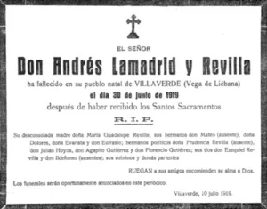 Esquela fúnebre de Andrés Lamadrid y Revilla (Q.E.P.D).